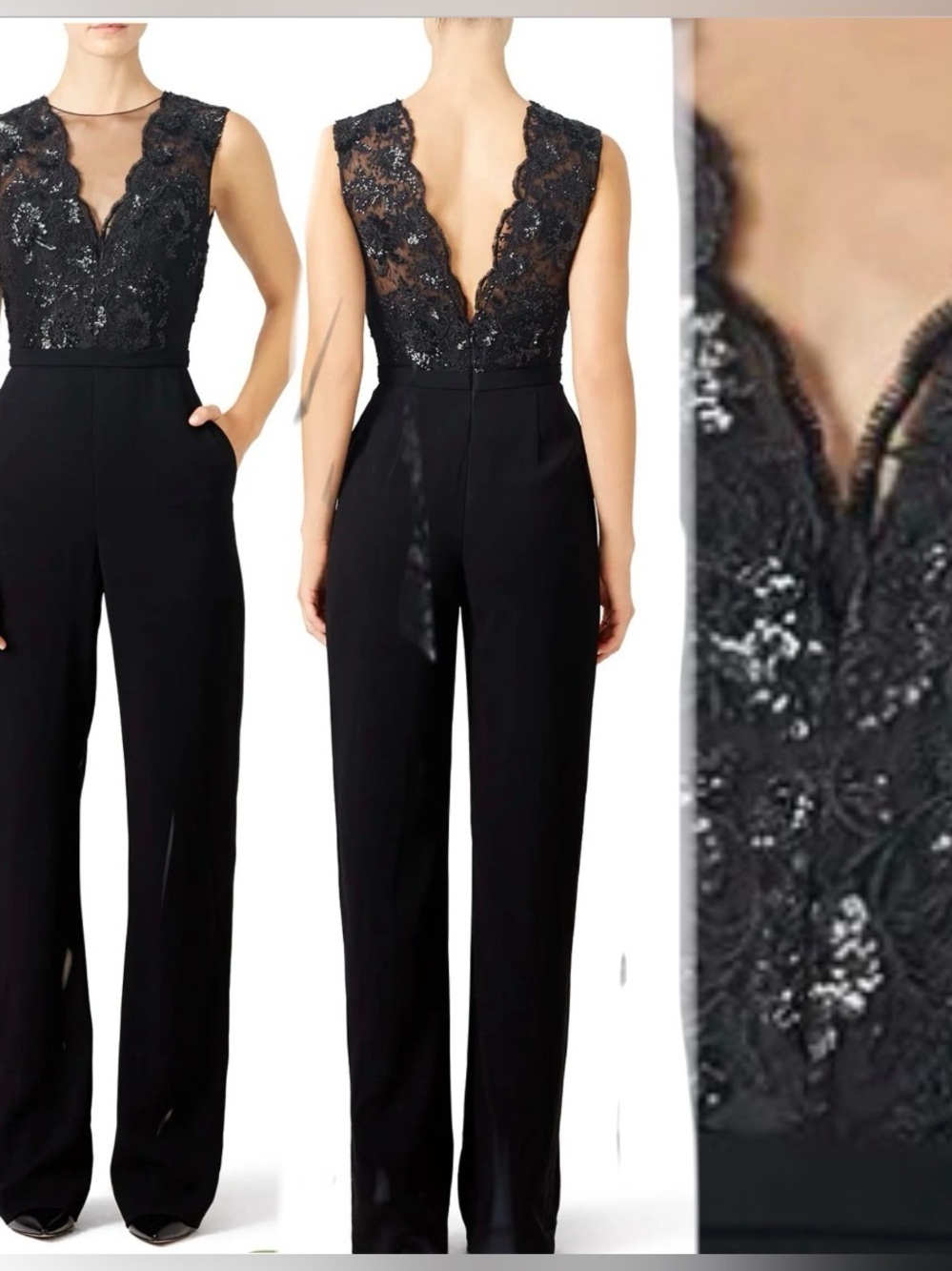 Theia Marisol Jumpsuit Black Lace Bodice Sleeveless Jumpsuit size 4.